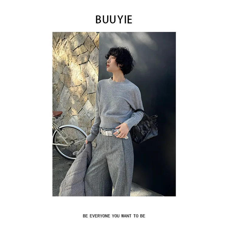 BUUYIE【绒糯】绵羊毛毛衣长袖圆领宽松百搭秋冬季女新款251336