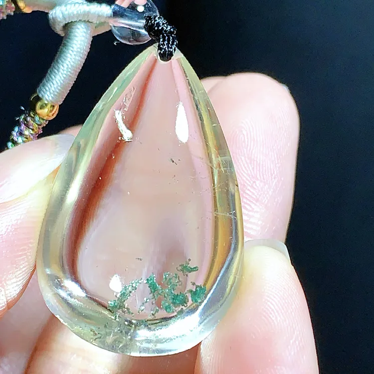 东海水晶天然绿幽灵水晶吊坠毛衣链水滴项坠男女款聚宝盆真品饰品