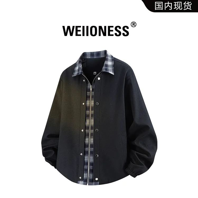 WEIIONESS拼接夹克外套男士秋冬宽松休闲潮流外套翻领设计感男装