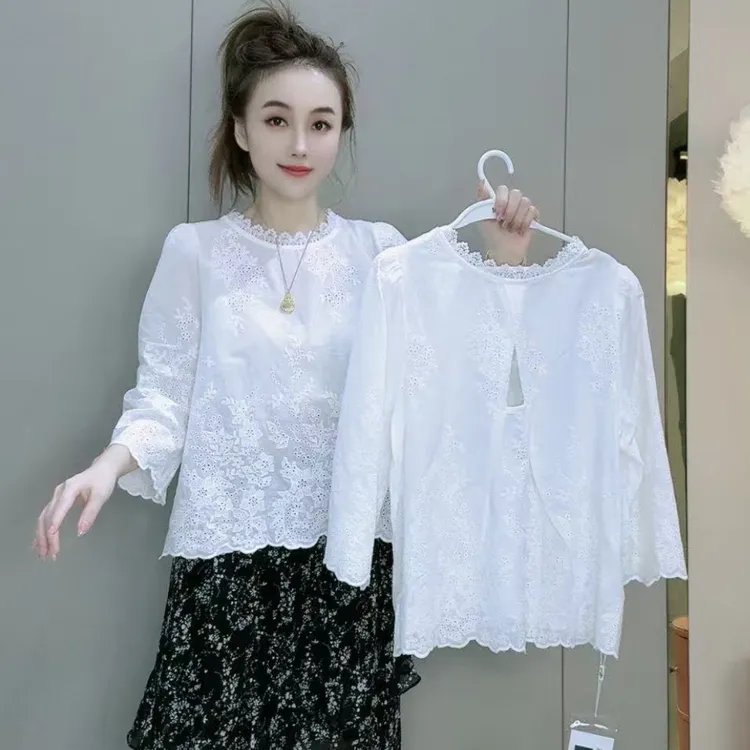 时尚洋气韩系后背镂空设计八分袖小衫2025秋季新款遮肉显瘦上衣
