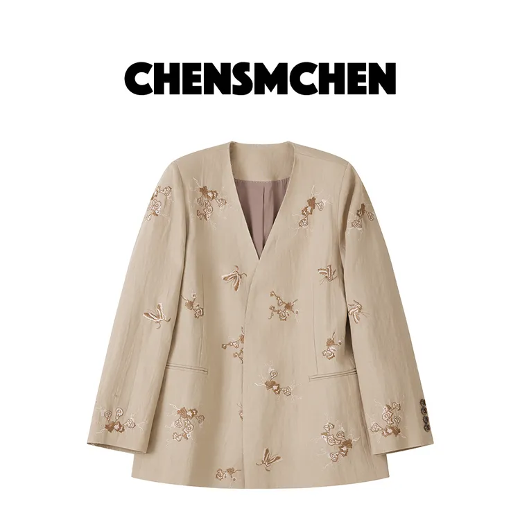 CHENSMCHEN 100亚麻绣花无领西装女春季设计感宽松外套CSX1013MN