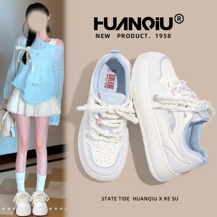 环球厚底女款小白鞋2025春季新款透气百搭板鞋增高低帮网面休闲鞋