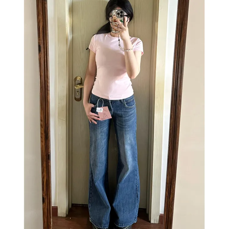 美式深蓝低腰微喇叭牛仔裤女夏季复古竹节纹不贴腿宽松垂感马蹄裤