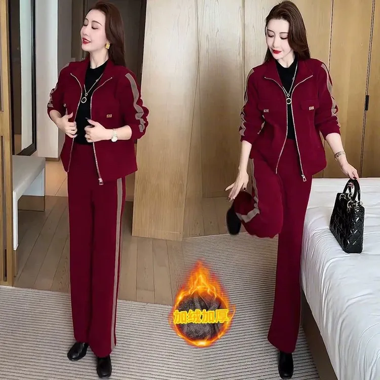 加绒加厚时尚休闲套装女2025秋冬新款洋气减龄显瘦阔腿裤两件套潮