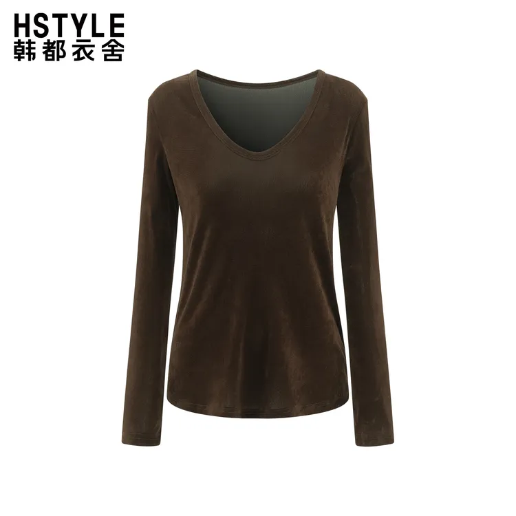 韩都衣舍圆领丝绒长袖T恤女气质优雅时髦修身高级感打底上衣秋款