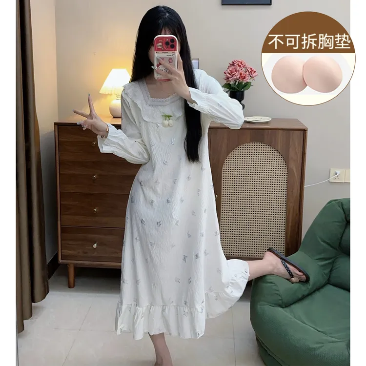 带胸垫睡裙女春秋季甜美郁金香云朵棉睡衣秋天新款云朵棉家居服