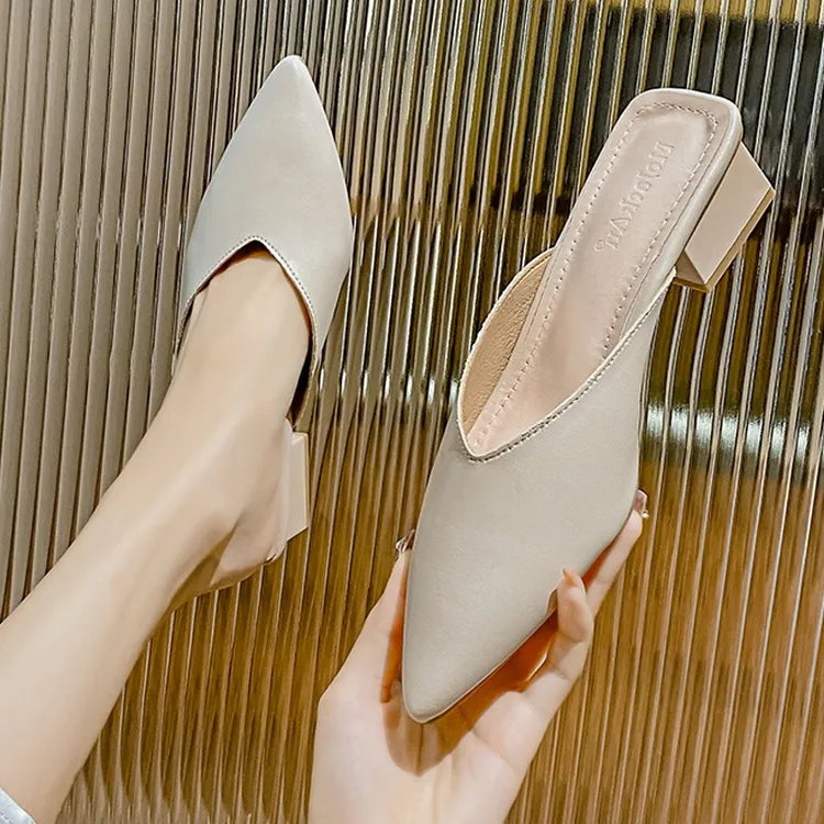 软皮法式半托单鞋2025新款尖头包头半拖鞋女夏外穿晚晚穆勒鞋凉拖