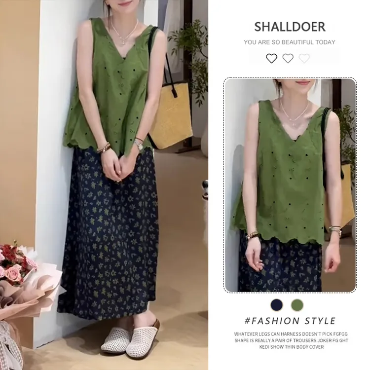 时尚气质一整套夏季设计感重工刺绣无袖上衣显瘦碎花半身裙两件套