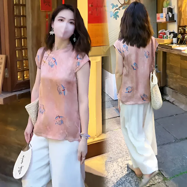 新中式国风立领盘扣小衫2025夏季新款慵懒复古宽松气质上衣
