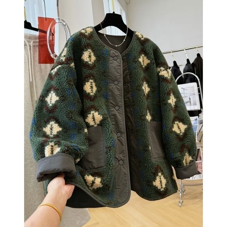 2025新款韩系慵懒风休闲两面穿羊羔绒圆领外套女秋冬摇粒绒夹克