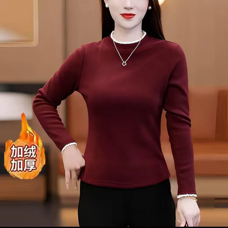 冬款蕾丝边圆领加绒打底衫内穿外搭高弹修身显瘦时尚百搭女士长袖