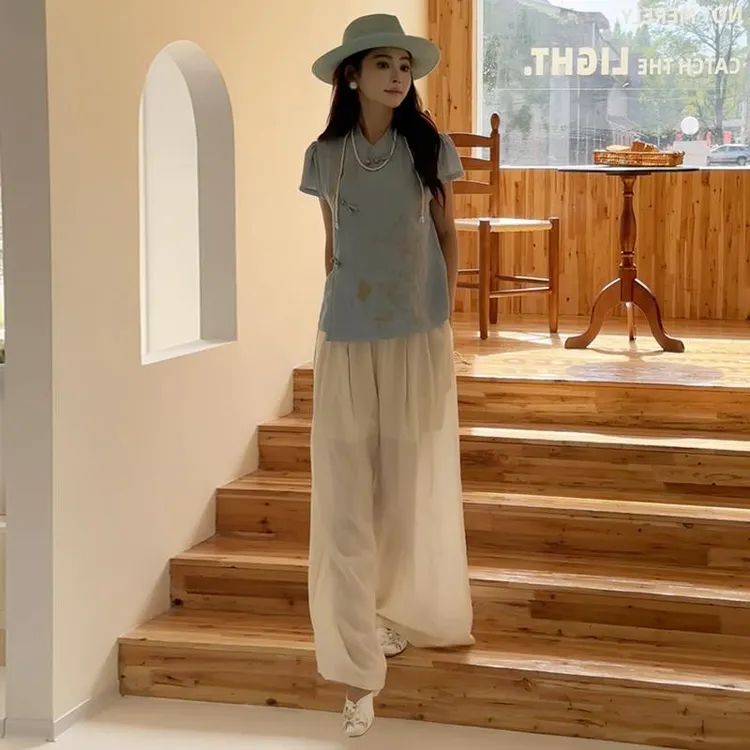 新中式套装女2025夏季新款时髦洋气刺绣盘扣上衣阔腿裤慵懒两件套