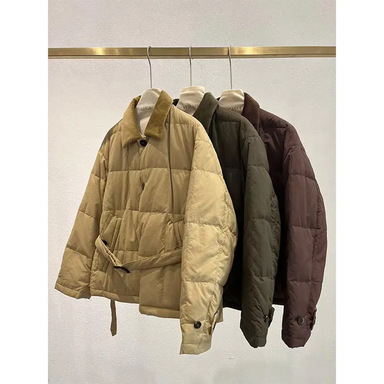 灯芯绒拼接鹅绒短款系带羽绒服1876