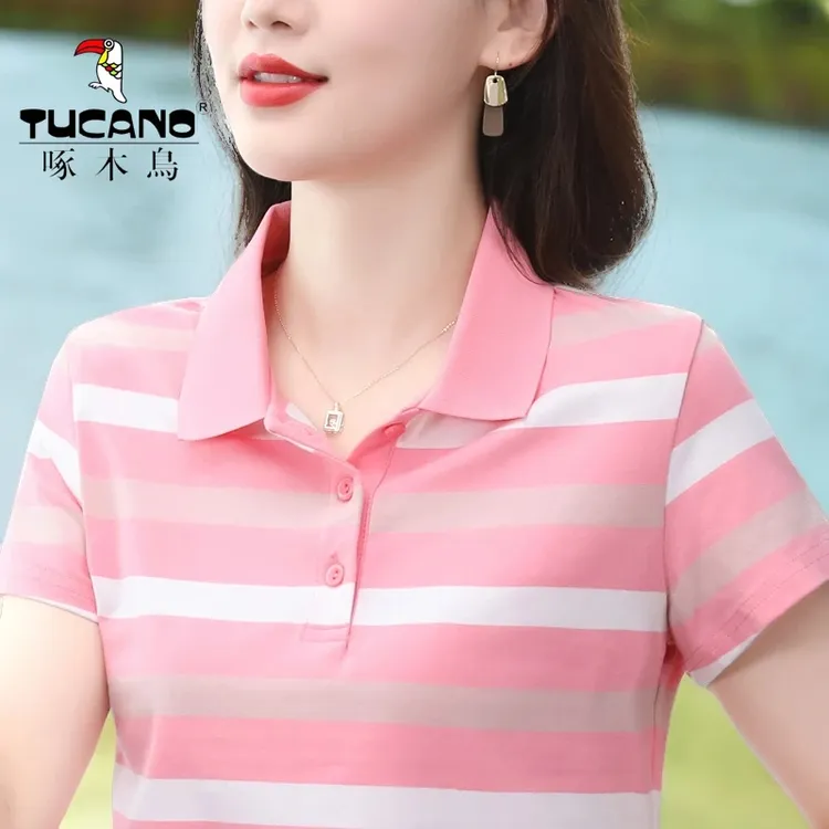 啄木鸟短袖T恤女2025新款运动粉色条纹翻领洋气中年妈妈显瘦上衣