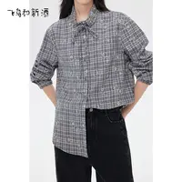 飞鸟和新酒刺绣长袖立领格纹衬衫女宽松秋季休闲上衣FD55082033