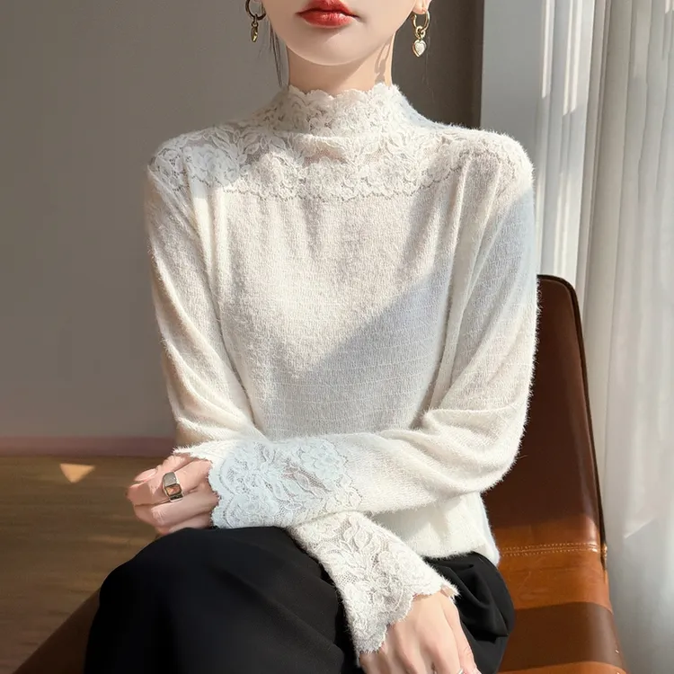 哥弟阿玛施正品秋冬镂空蕾丝半高领针织衫气质显瘦羊毛内搭打底衫