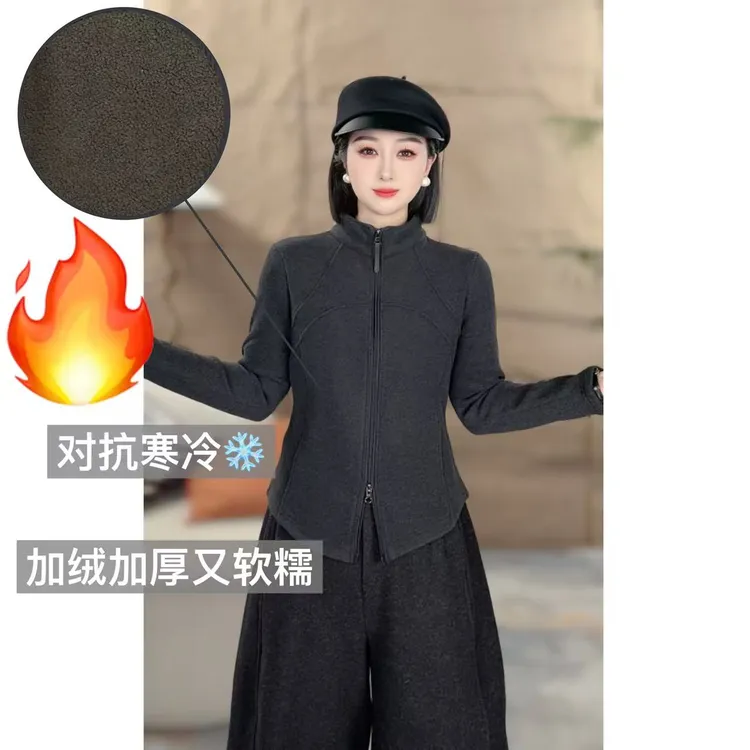 新款拉链加厚双面绒丝绒加厚米妮绒开衫肩线气质百搭女上衣小立领
