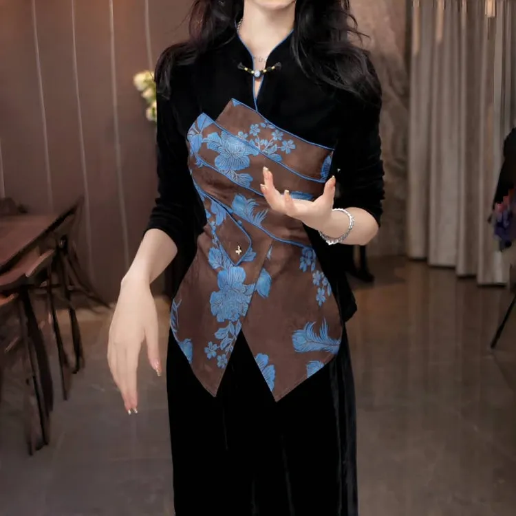 时尚百搭立领国风丝绒小衫女2025秋季新款气质显瘦新中式长袖上衣
