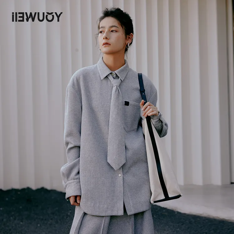有尾YOUWEI秋冬休闲复古宽松粗磅螺纹10号老风长袖衬衫Y1623401