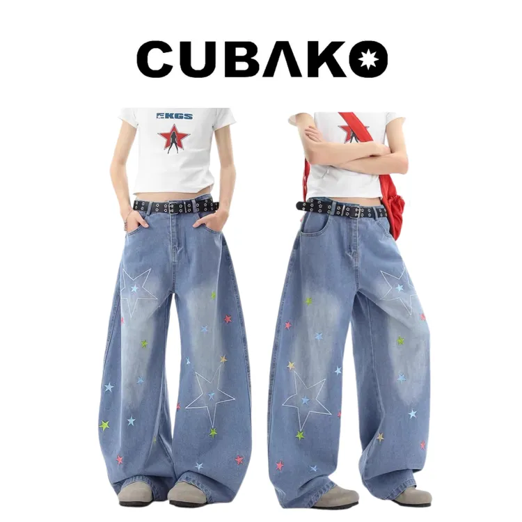 美式星星刺绣弯刀牛仔男女hiphop宽松情侣水洗做旧阔腿休闲长裤
