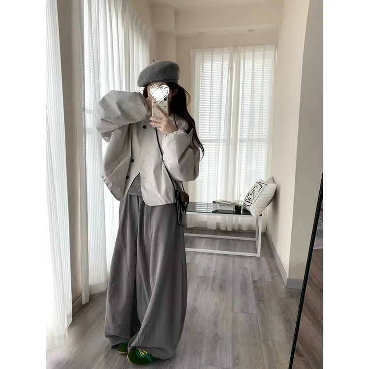 春秋短款长袖夹克外套女+宽松阔腿花苞裤  60329