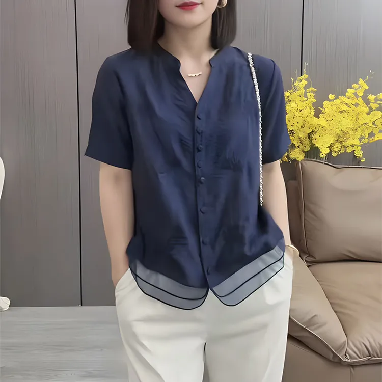时尚国风拼接短袖衬衫女士夏季薄款小衫大码宽松显瘦洋气上衣