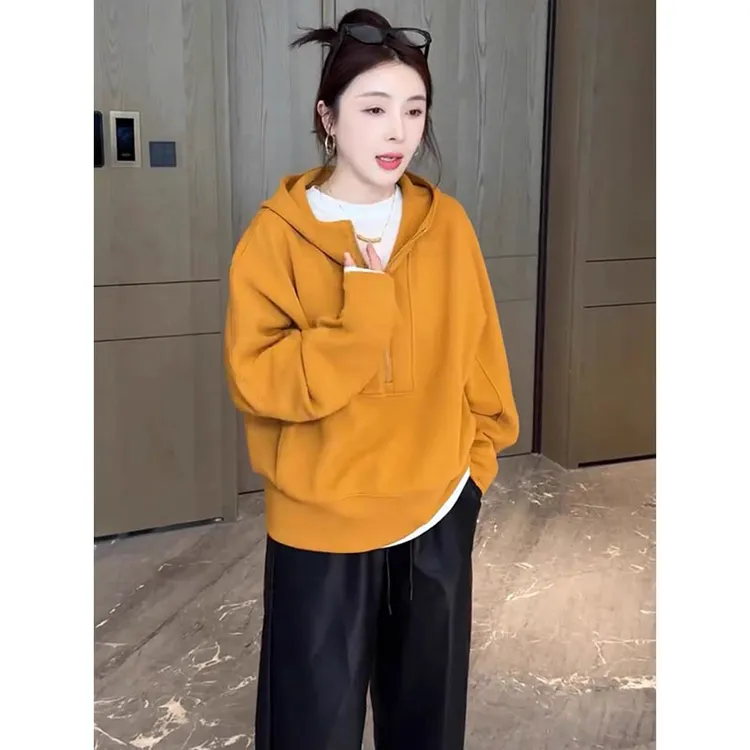 半拉链纯色连帽卫衣外套女2025秋季新款高级感慵懒风休闲百搭上衣