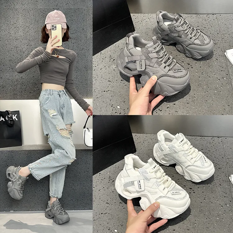 小个子老爹鞋网面2025新款春夏季厚底内增高运动休闲真皮透气女鞋