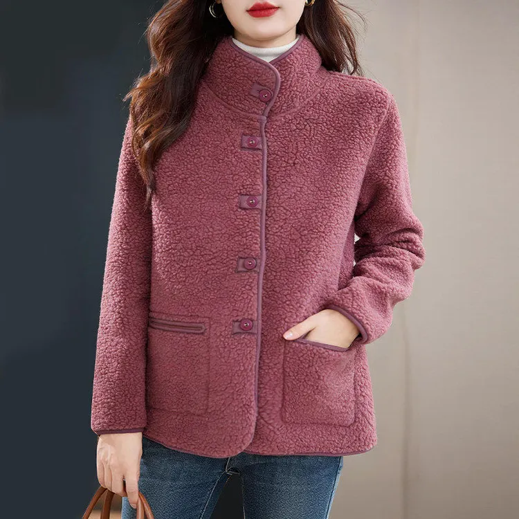 芳妮诗加绒加厚外套女中年妈妈立领保暖上衣大码宽松气质女装大衣