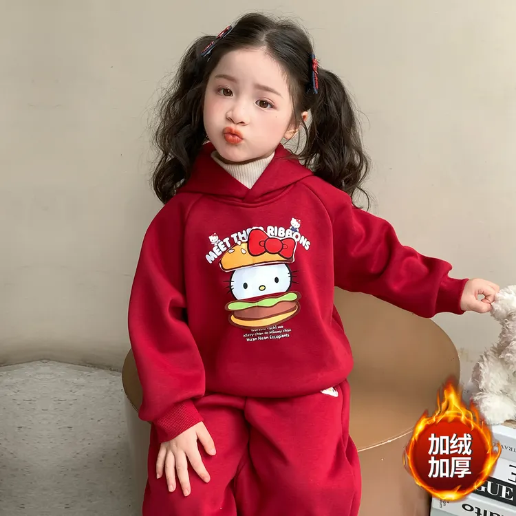 女童加绒套装秋冬款小童新款儿童卡通连帽卫衣洋气宝宝加厚两件套