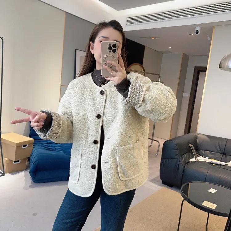 【欧加粒粒】袖口格子小香风短外套冬季时尚宽松百搭 S25111101