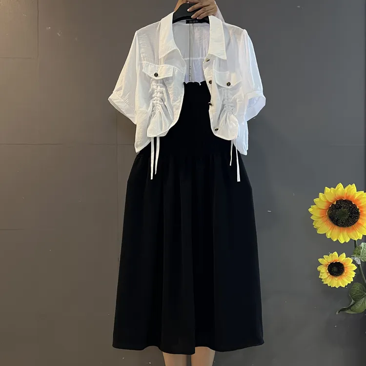 法式时尚洋气两件套翻领抽绳设计显瘦开衫碎花吊带连衣裙