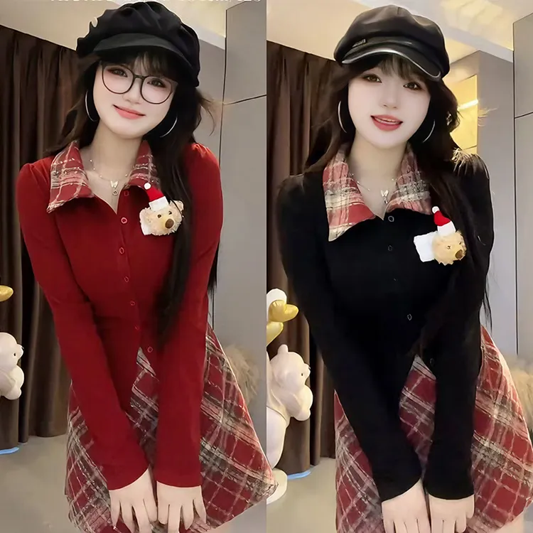 大码胖mm学院风辣妹套装女秋冬立体小熊针织衫+格纹短裙跨年套装