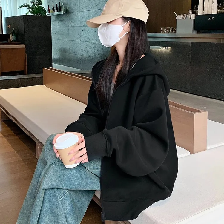 黑色卫衣连帽开衫外套女春秋薄款2025新款爆款加绒加厚拉链上衣潮