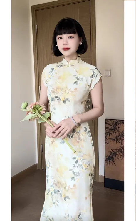 寒霜｜2025夏季新款波浪边新中式复古文艺显瘦旗袍中长款连衣裙女