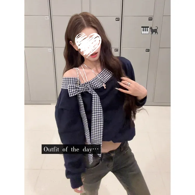 蝴蝶结斜肩卫衣女秋季露肩宽松薄款百搭一字肩上衣 60652