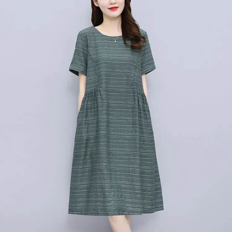 条纹连衣裙女短袖2025新款夏季气质大码显瘦小个子妈妈棉麻风裙子
