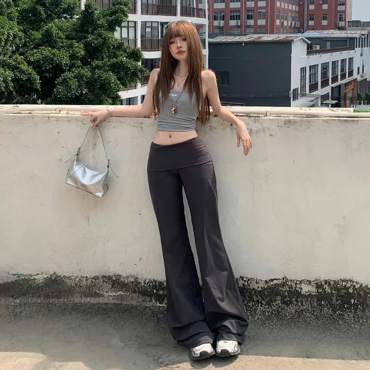 早秋新款&美式辣妹低腰翻边腰喇叭裤修身显瘦瑜伽裤百搭弹力休闲