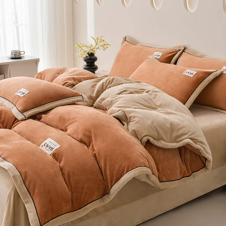 富安娜A类母婴加厚8-9斤高克重牛奶绒四件套秋冬双面绒床上用品