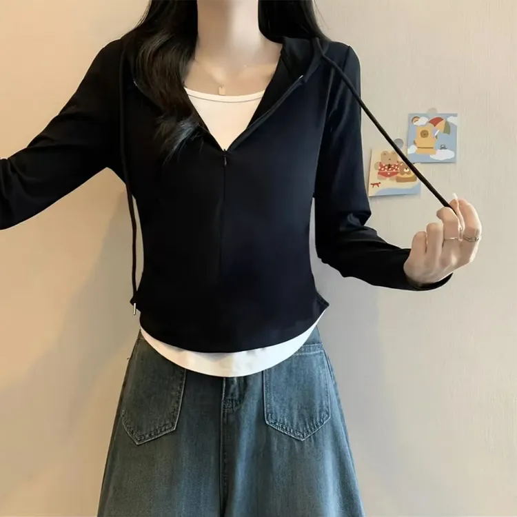 2025新款长袖假两件连帽卫衣复古修身别致弹力网红洋气炸街女装