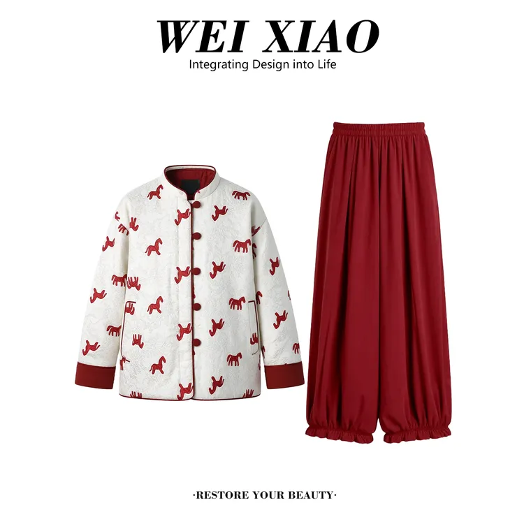 新中式国风印花复古夹棉双面穿外套女冬季2025新款花苞阔腿裤套装