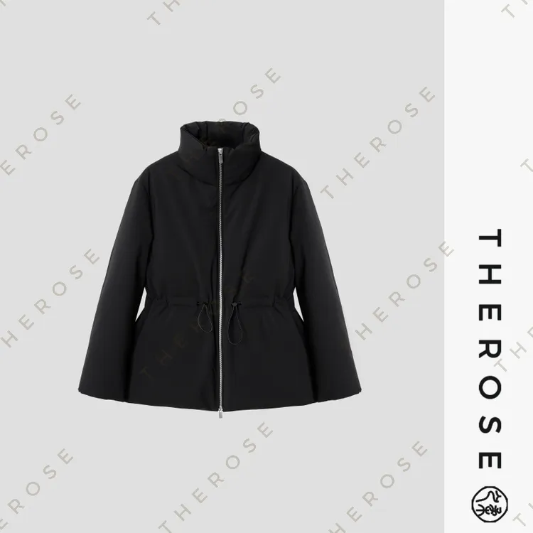 之柔【北纬90°】日本进口黑色弹力羽绒夹克冬季斜纹抽绳束腰外套女