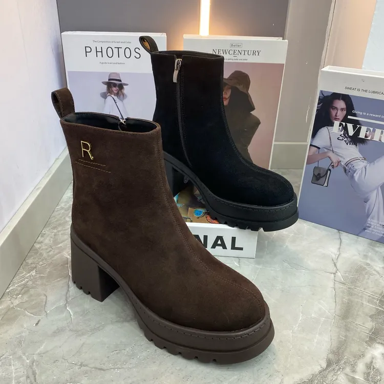 欧-方跟纯皮大棉女靴磨砂皮松糕厚底女棉鞋