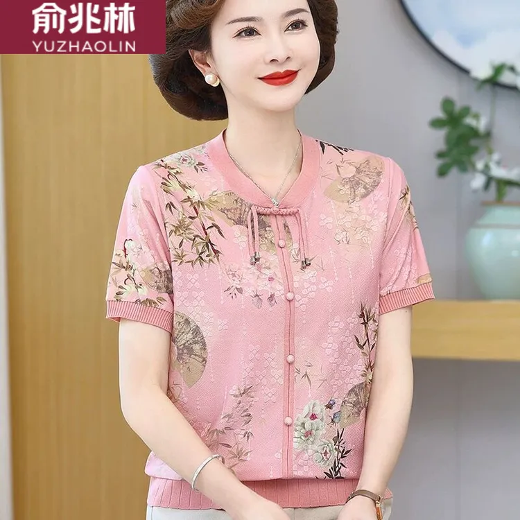 俞兆林妈妈夏装新款国风新中式短袖冰丝恤中老年女减龄薄款恤上衣