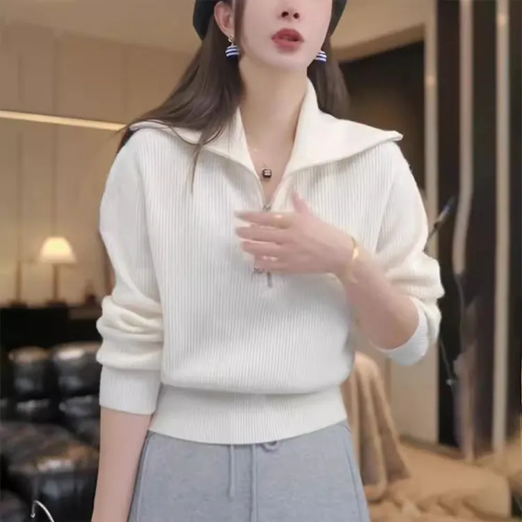 半拉链翻领针织衫女秋冬加厚慵懒高级感内搭洋气减龄打底毛衣上衣