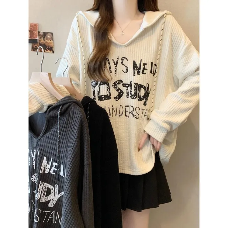 美式慵懒风宽松连帽卫衣女装早秋2025新款大码胖mm巨好看正肩上衣