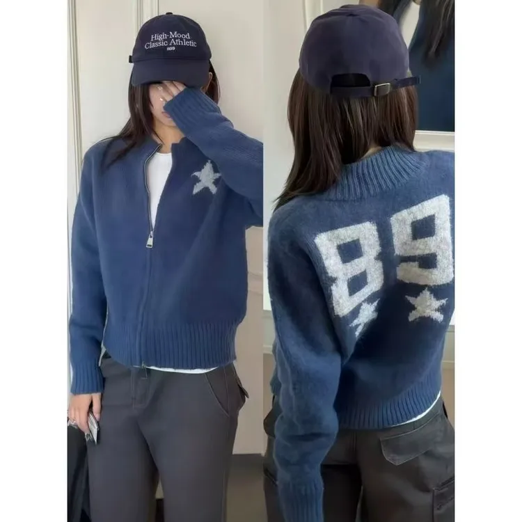 韩系早秋季设计感穿搭蓝色拉链针织衫开衫毛衣女百搭宽松外套上衣