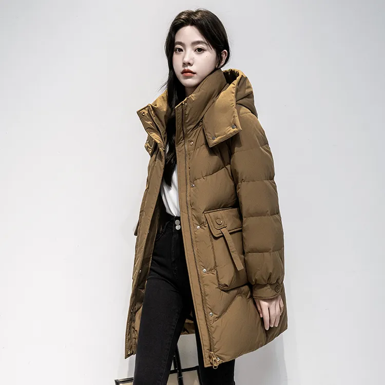 新款修身显瘦中长款连帽羽绒服纯色加厚鸭绒保暖女款冬季白色外套