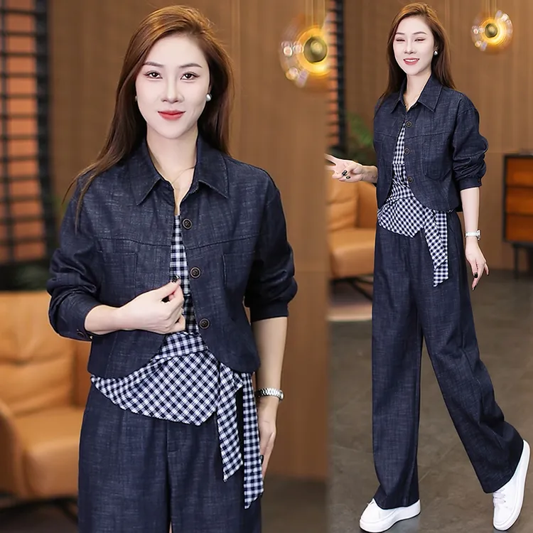 时尚牛仔套装女2025秋新款洋气减龄气质长袖外套背心直筒裤三件套