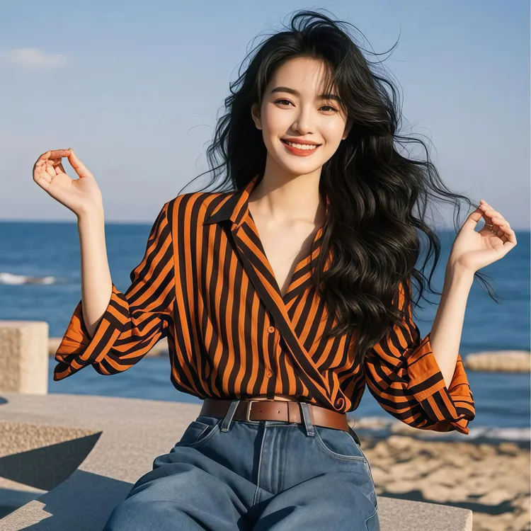 夏季宽松法式高级感橘色V领条纹短袖衬衫小众独特别致绝美上衣女